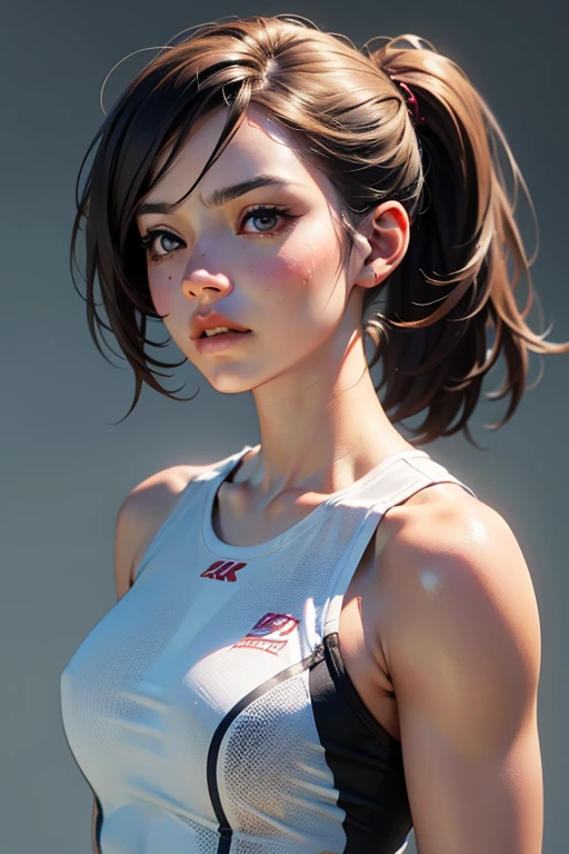 Masterpiece: 1.2, best quality), realistic, (real picture, rich details details, depth of field), (1girl, solo), makeup, cleft lip, high detail, perfect face shape, (small breasts: 1.4), (skindentation), thick thighs, Wide hips, thin waist, tall, coral, red lips, red eyes, ponytail, ((((basketball girl, white tank top, thong pants)))), (sweat: 1.2), (wet), sexy, blushing, sweaty