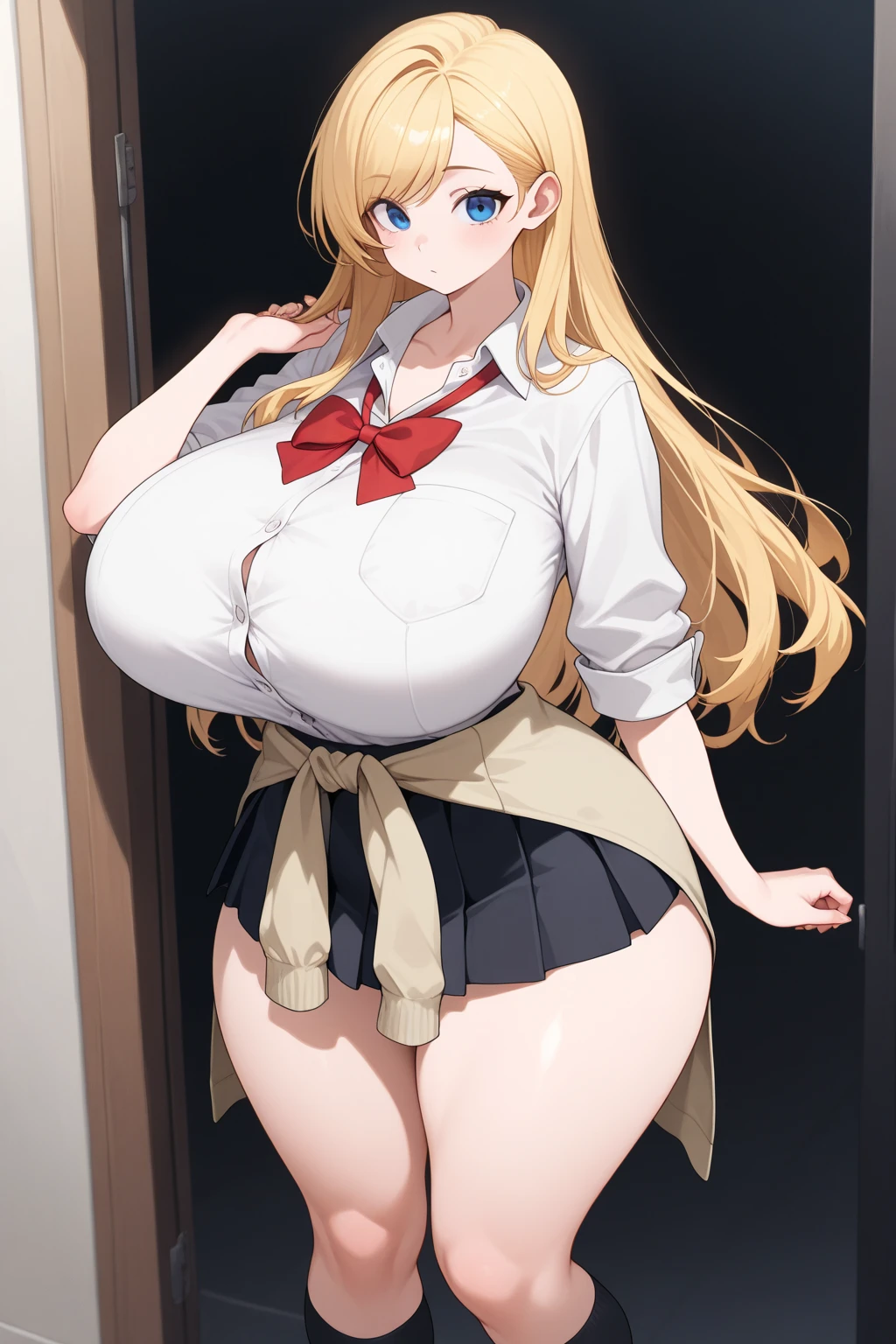 An anime-style artwork depicting Kousaka Shizuru from the game Honkai star rail.
Tags: Kousaka Shizuru, anime, detailed eyes, detailed lips, ass, bare shoulders, (blonde hair:1.4), (black skirt suit:1.1), cleavage, pencil skirt, miniskirt,curvy, thighs, higheels, shiny clothes, skin tight, cleavage, long hair, solo, huge breasts, (green eyes:1.1),, smiling expression, intense gaze, dynamic pose, indoor, palace, vibrant colors, digital art, high-resolution, professional quality, gigantic breasts, (underboob : 1.4), curvy, cowboy shot, (gigantic breasts: 1.4),, long elf ears
