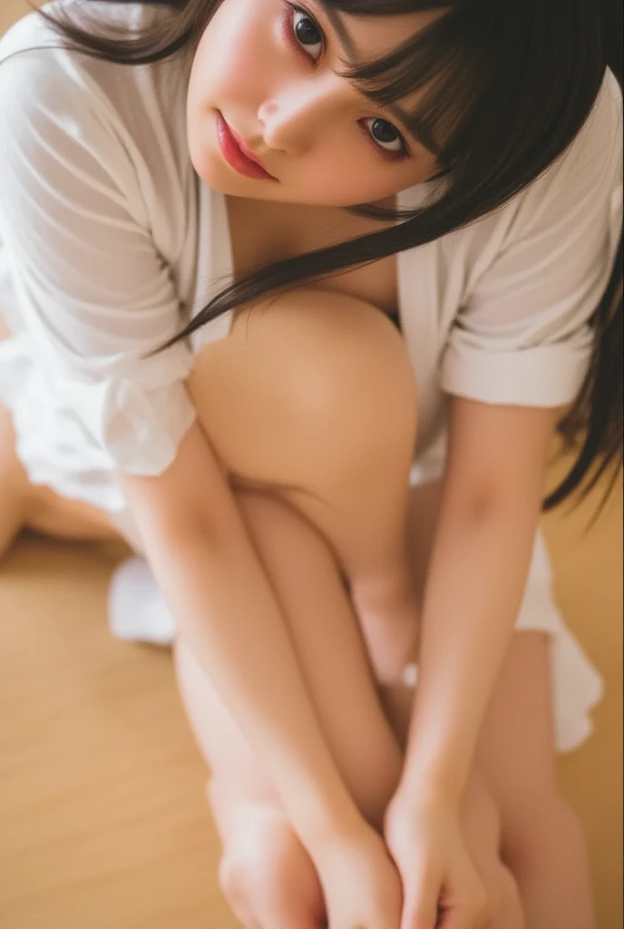 (masterpiece), {best quality}, High detail,(ray tracing), 1girl, (solo:1.5), (yukino yukinoshita:1.5), twintails, movie angle, (realistic:1.0), hand up, (groin tendon:1.4), abs, peek, cameltoe, (sweating profusely:1.5), sweatdrop, sweat, sweaty clothes, croptop, undreboob, red bowtie, unbuttoned white shirt, pleated miniskirt, bare legs, looking at viewer, nervous, saliva trail, eye contact, full body, nervous, closed mouth, spoken flying sweatdrops, spread legs, lying on her back, (masturbation:0.6), (ahegao:1.4)