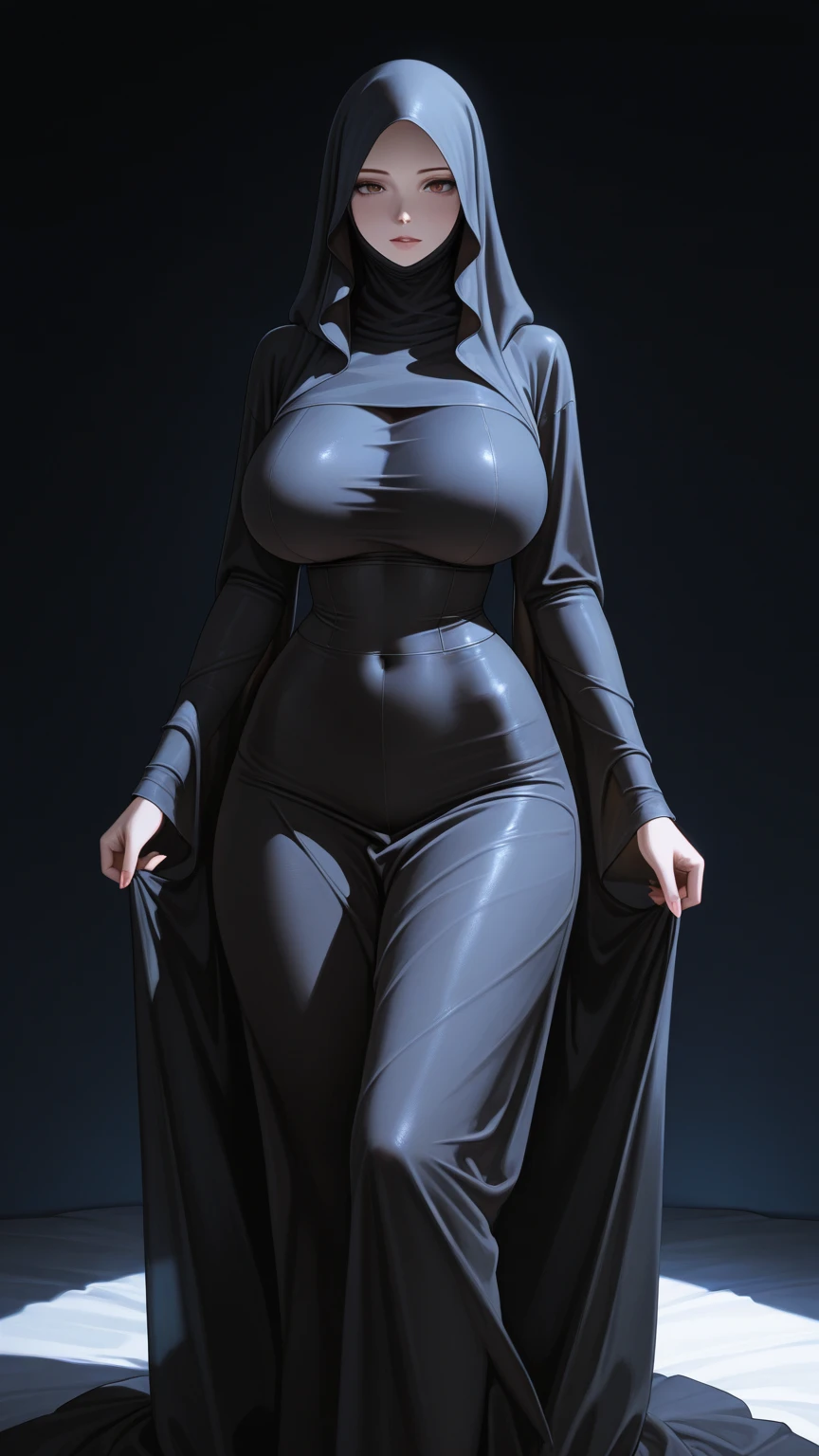Beautiful woman in nun dress, cleavage, breasts exposed, large breasts, body is plump, sexy