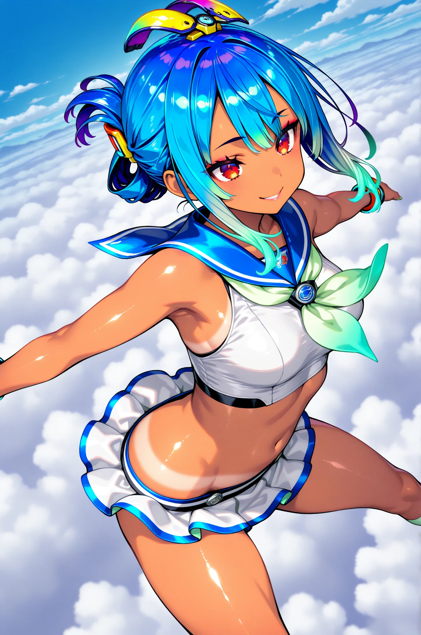 cute women with rainbow hair, multicolored butterflies, water, colorful blossoms