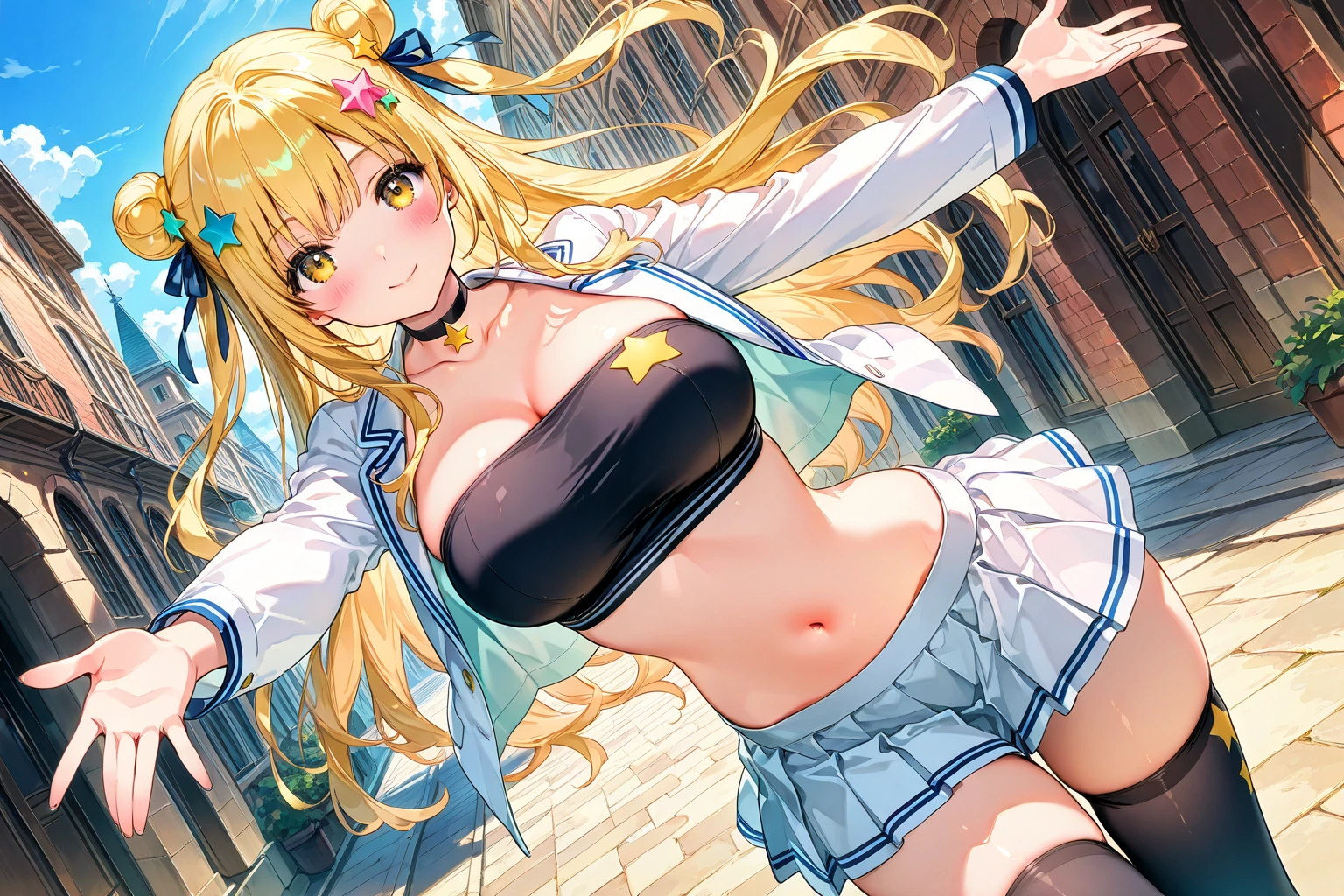 (highres, absurdres, best quality, masterpiece, promotional art:1.2), noel vermillion , green eyes , blonde hair , long hair, navel , sleeveless shirt , bare arms , blue skirt , black thighhighs , standing , sideboob , armpit peek , panties , lips