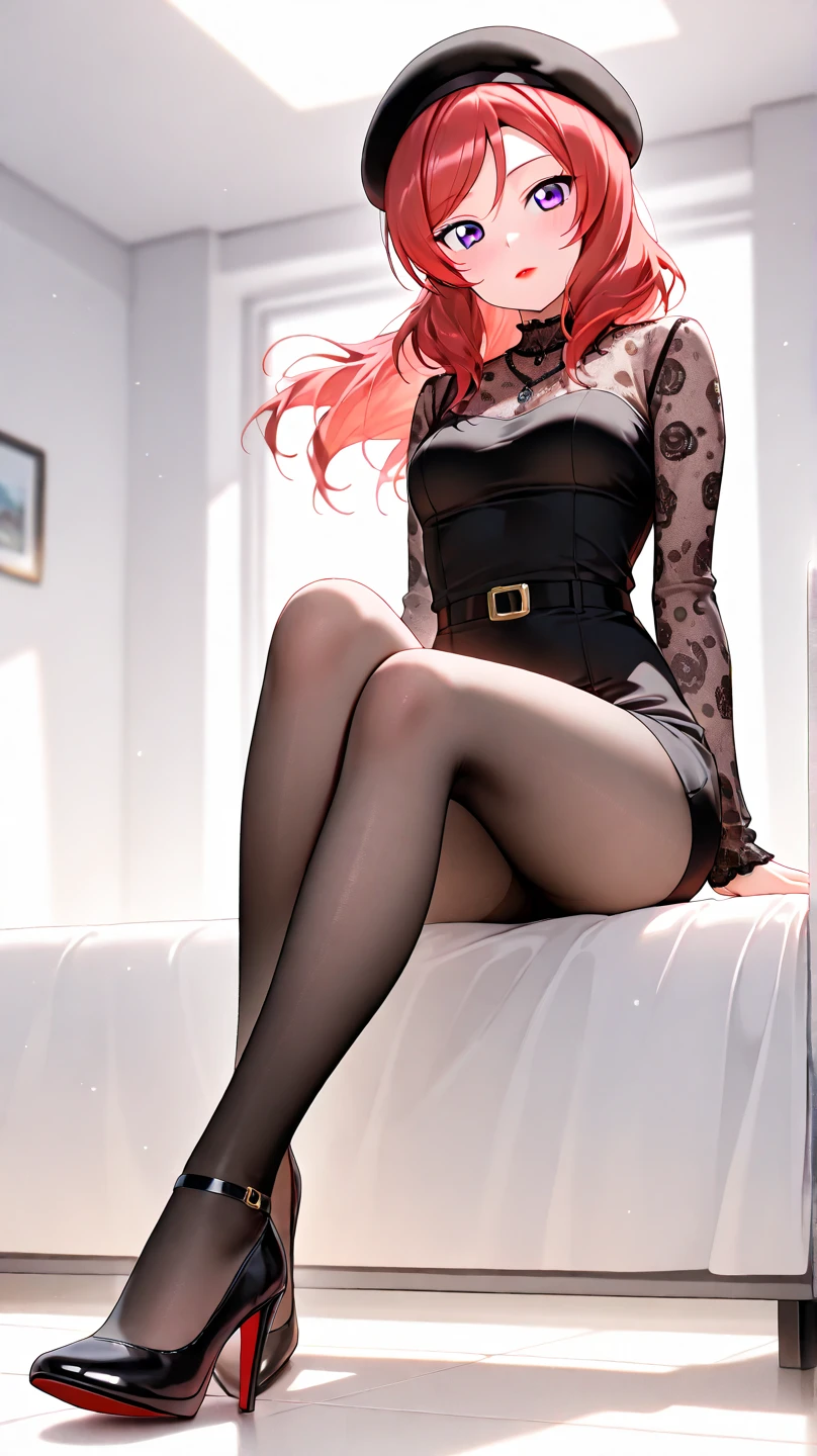 a beautiful girl with short red hair and red eyes, realistic, prostitute, wearing prostitute clothes, full body shot, wearing black clothes, in a room setting, lying down, smiling