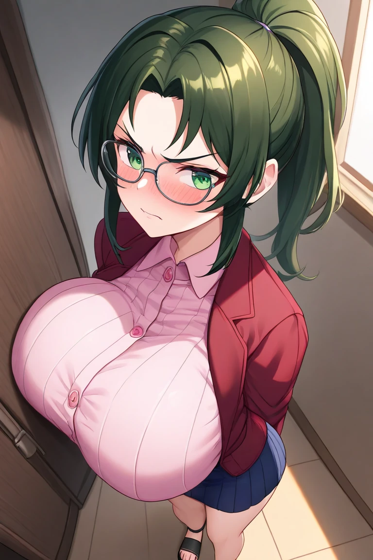 nsfw, best quality, high resolution, lying, on back, 1girl, fujisawa yayoi (uchuu no stellvia), (huge breasts:1.4), blush, embarrassed, looking at viewer, cowboy shot