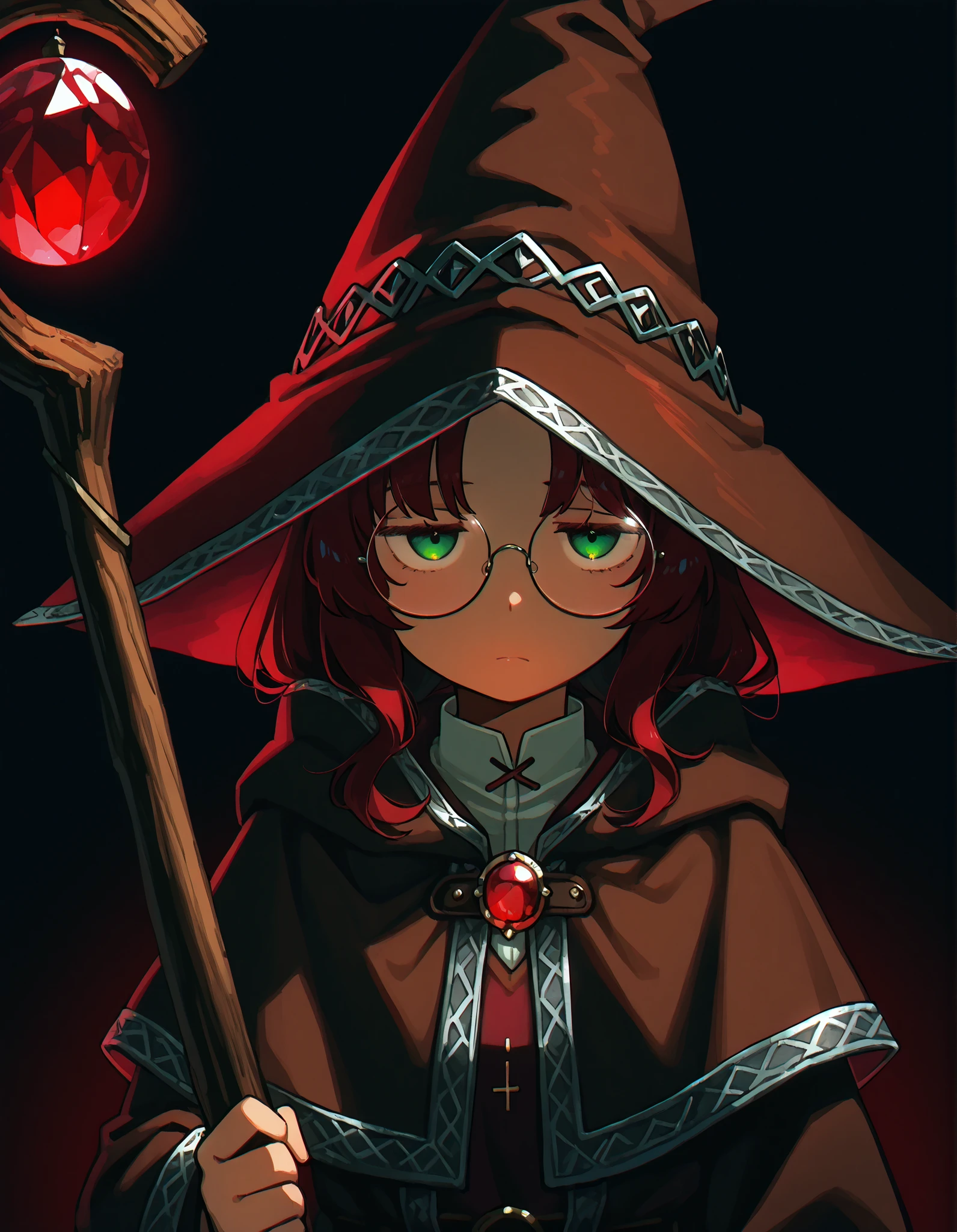 4RCH0N, 1girl, wizard hat, robe, capelet, tired, jitome, round eyewear, upper body, large staff, wooden staff, red gemstone, red light from staff, looking at viewer, light frown, dark, brown clothes, silver trim, green eyes, dark background, black background, soft lighting,
