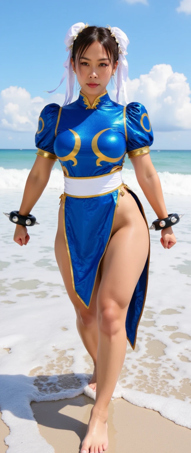 Woman in blue and red cheongsam standing on a rock by the sea, 《dragonball》Kiki in , posing ready for a fight, mai shiranui, elegant cinematic pose, fighting game character, character posing,Over-the-knee boots。