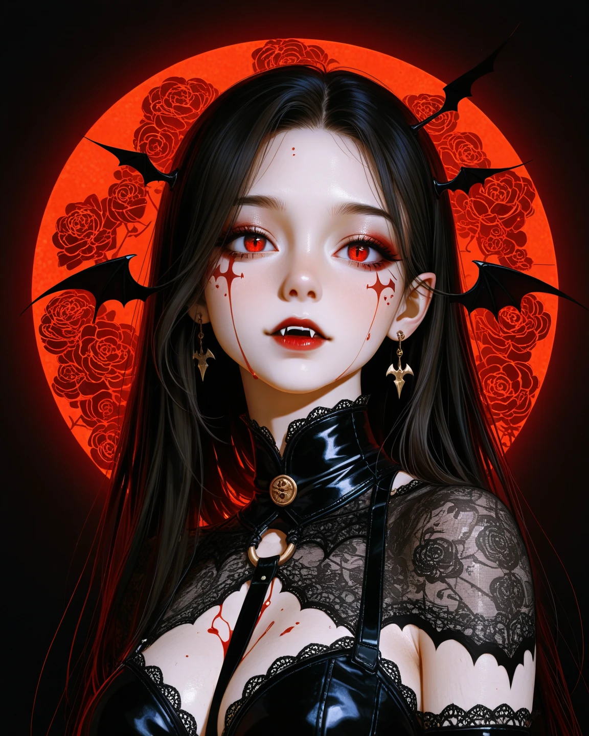 a woman with a crown on her head and blood on her face, red contact lenses, cruel korean gothic girl, with glowing red eyes, vampire girl, Beautiful vampire queen, ulzzang, red contacts, beautiful female vampire queen, rin tohsaka, gothic aesthetic, Demon Giesha, gothic horror vibes, gothic girl aesthetic, Red blood, Red blood eyes
