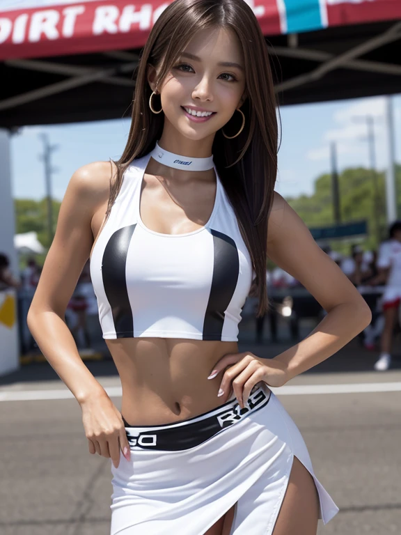 Masterpiece, Ultra High Definition, (Photorealistic:1.4), 8K, RAW Photography, Best Quality, Detail Shadows, Best Quality, Amazing, Fine Detail, Official Art, Absurdity, Soft Lighting, Sharp Focus, (Bokeh:1.5), Frontal Light, Bloom, Movie Lighting, Light on the Face, Look Viewer,Full Body:1.3
1 person, (small: 1), (cleavage:1.2), (blonde:1.2), very cute, (narrow waist:1.8), (abs:0.7), 23yo,(collarbone:1)、(Japan face:1.3), (drooping eyes:1), (wide forehead:1.5), (fair skin:1.5), (transparent skin:1.3),(Japan idol:1.3), (cute:1.3), (laughs:1.6), grid girl, ( Race Queen), (Wearing a grid girl costume printed with sponsor's logo: 1.8), (Colorful: 1.5), (Standing in a motorsport race: 1.5), (Motor circuit: 1.5), Racing Car, (Skirt: 1.1), (Sleeveless: 1.8), Knee Boots: 1.5
Photorealistic