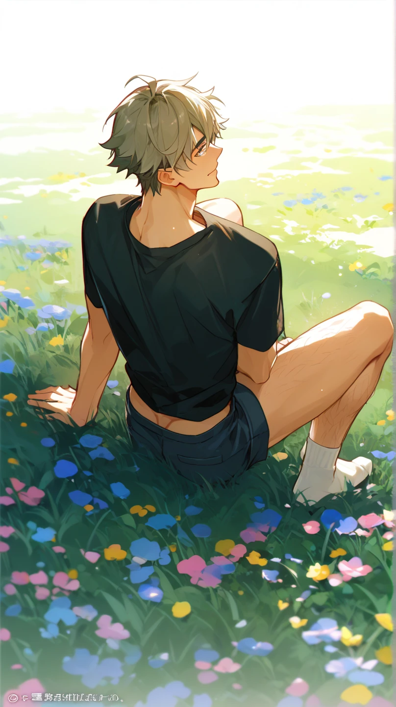 (masterpiece), ((sfw)), best quality, expressive eyes, perfect face, mature male, (1boy, adult Man), young adult, young man, solo, Green hair BREAK ahoge, blue eyes BREAK t-shirt, white shorts, green valley, mountains, blue sky, open mouth, looking at viewer 