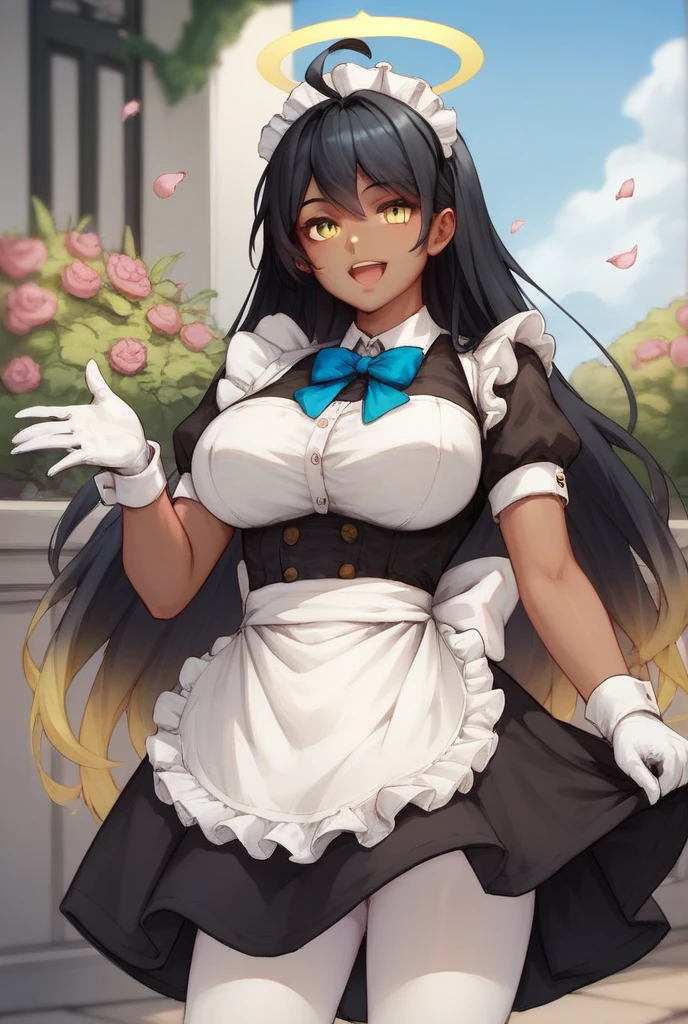 1girl, aster nemesis, ((dark-skinned)) , black hair, very long hair, yellow eyes, , twin tails, looking viewer, , , tanned body,, ,,,,,(spoken heart),(((maid costume))),miniskirt,thighhighs,,,smile,((huge breasts)),garden,