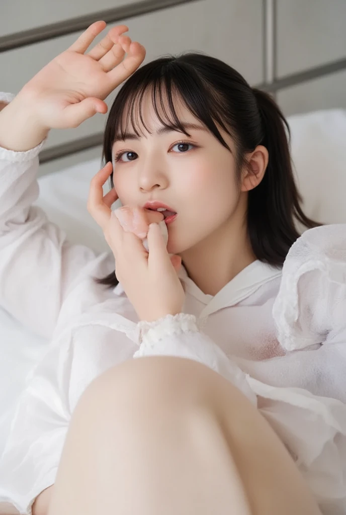 Bathrobes,(open mouth:1.5),(tongue out:2),lying,hand between legs,overhead shot,front view,face focus,(1girl,Beautiful 14 year old girl,teenager),((Slender,Small breasts,Small face,)),(looking at viewer),Black Hair,bangs,one side up,Beautiful and detailed,(Dimly lit room:1.5),White bed,pillow,Mischievous smile
