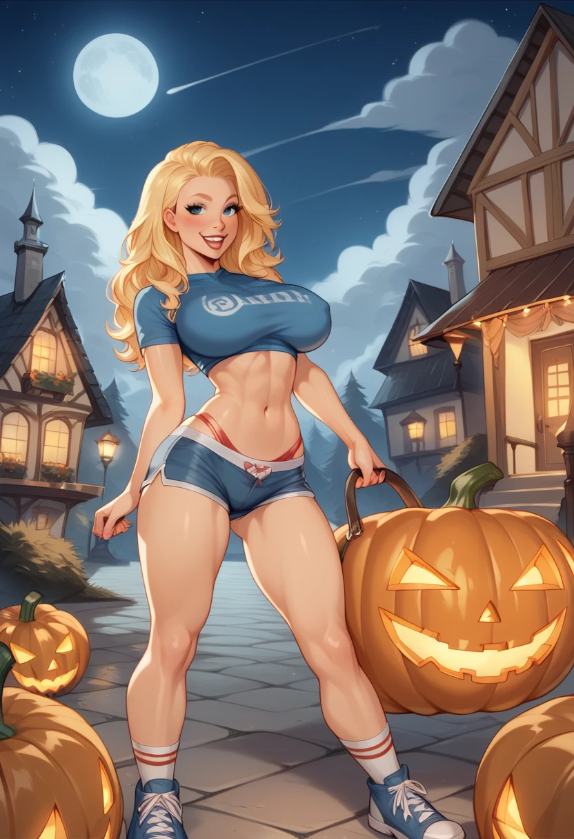 Buxom blonde Wonder Woman, blue eyes, cleavage, choker, on her knees inside a haunted pumpkin patch at night
