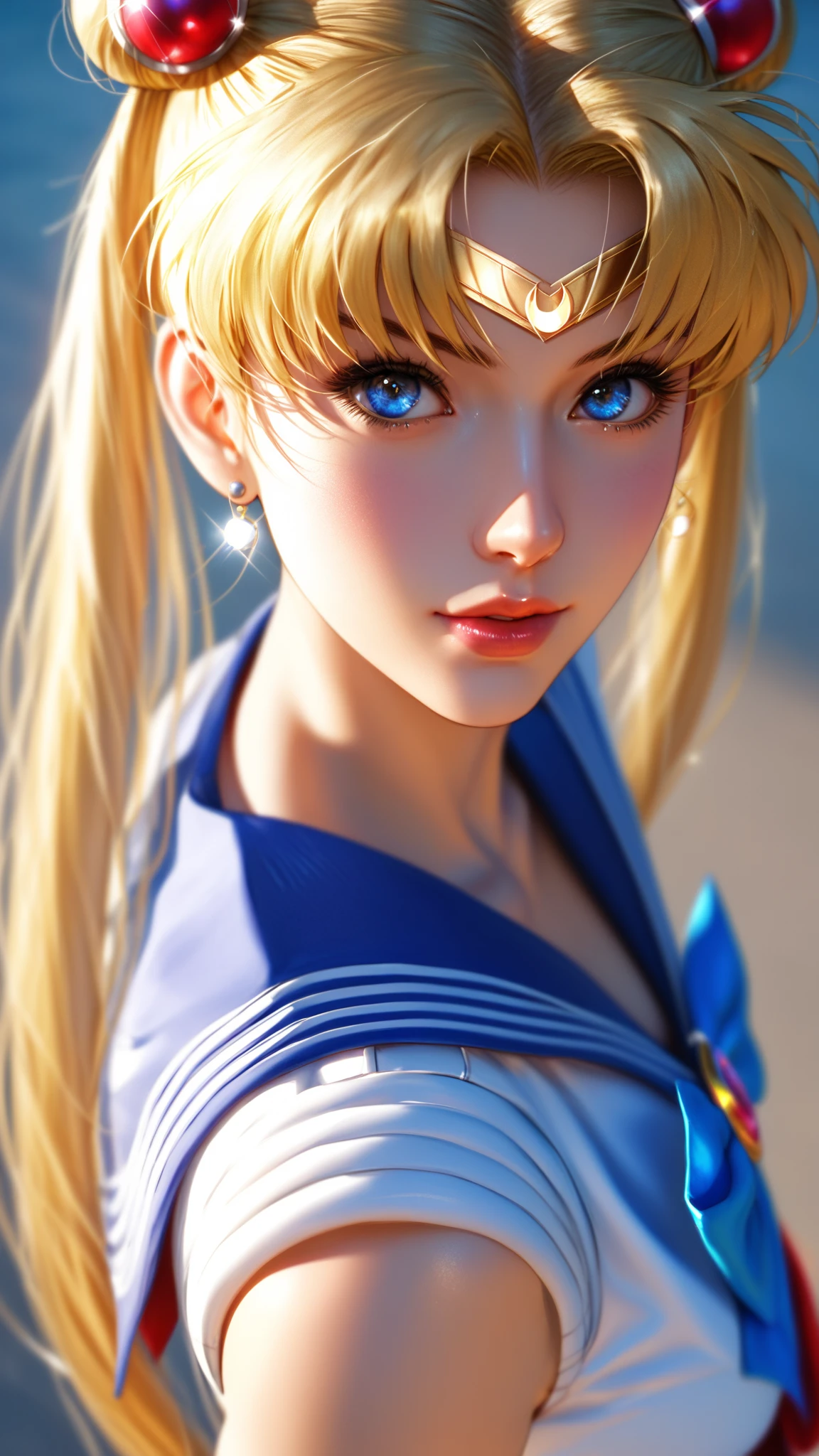beenyou， loli，highly quality, photorealistic, 1girl, ((sailor moon)), close up, blonde hair, cute, perfect detailed blue eyes, (from below), ((small breast)),((puffy eyes)), hair,, hair color is __color__, japanese face, unreal_engine,