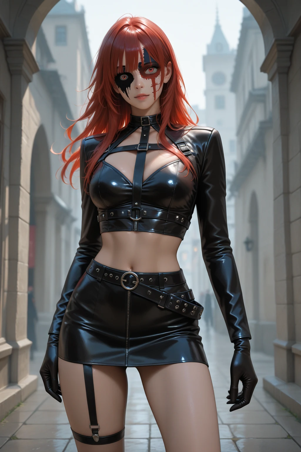 Dangerous red-haired killer girl, Girl in black tight clothes, short shorts, Tight jacket, belts, band-aid on the nose, Contemptuous, beautiful detailed face, High quality,european girl, on the knees, missed a blow to the stomach, This, surprised, blood from the mouth, The girl holds her hands on her stomach, The girl's arms wrap around her waist, Blood on his hands, blood on the abdomen, A wound for life, bullet wound to the abdomen, Strict facial features, Spicy makeup, The face of young Melinda Clark, villain