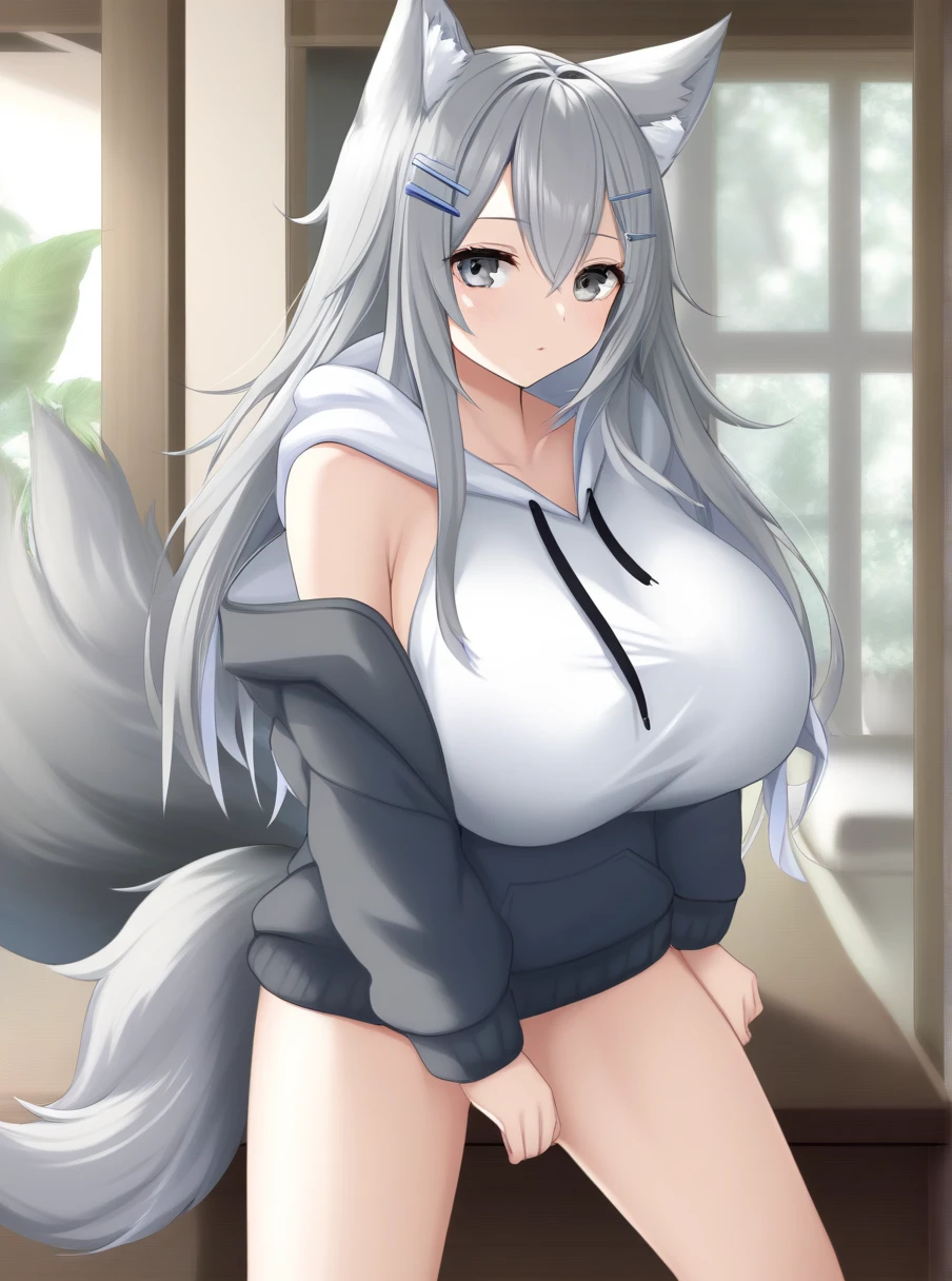 Catgirl,white hair, looking away from POV,busty,oversized male hoodie,cute face,fang,cat ears,cat tail, regular house background,pouty angry face, medium C cup breast,no skin showing