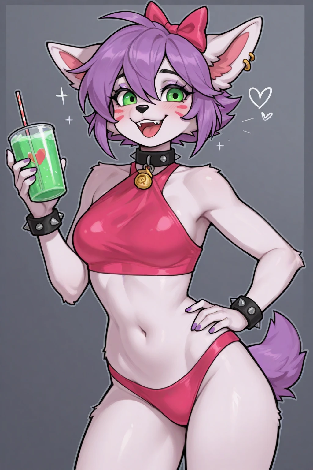 White background, medium perky breasts, Furry, ((Australian Shepard)), (solo), ((slender)), dark green fur, white hair, ponytail, ((teen)), ((female)), short, ( ear ring, tight choker, short tail, nervous, smile, shaking motion lines), (wincing), ( clothes on floor), (( green transparent cotton underwear)), playing strip poker, removing one layer