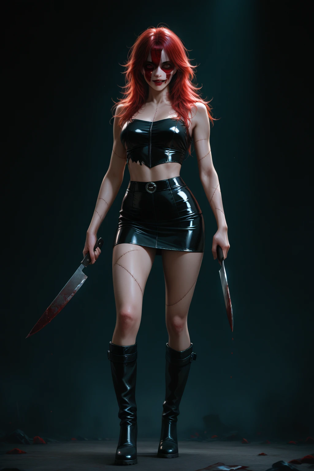 (((Full body))) (((evil,cruel,sadistic))) (((green eyes, red hair))) (((standing over dead bodies))) female serial killer with red hair in a ponytail and dark emerald eyes. Thin ruby lips. Fury showing on her face. Standing over dead, bloody bodies. She is wearing a black top with a red skull emblem on it and a miniskirt. Heeled combat boots on her feet and a bloody switchblade in her hand.