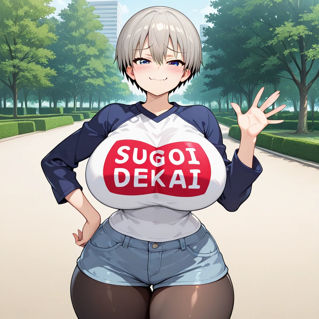 (best quality,4k,8k,highres,masterpiece:1.2), ultra-detailed, (realistic,photorealistic,photo-realistic:1.37), HDR, UHD, studio lighting, ultra-fine painting, sharp focus, physically-based rendering, extreme detail description, professional, vivid colors, bokeh, portraits, photography, (best quality,masterpiece:1.3), (mature woman, milf), (tall:1.2), anime, masterpiece, beautiful eyes, best quality, detailed face, 1girl, solo, beautiful, uh1, shirt, raglan sleeves, romaji text, clothes writing, long sleeves, denim shorts, pantyhose, fang, huge breasts, huge belly, bloated belly, stuffed belly, plump, chubby, curvy, chubby girl, belly, big belly, fat belly, 