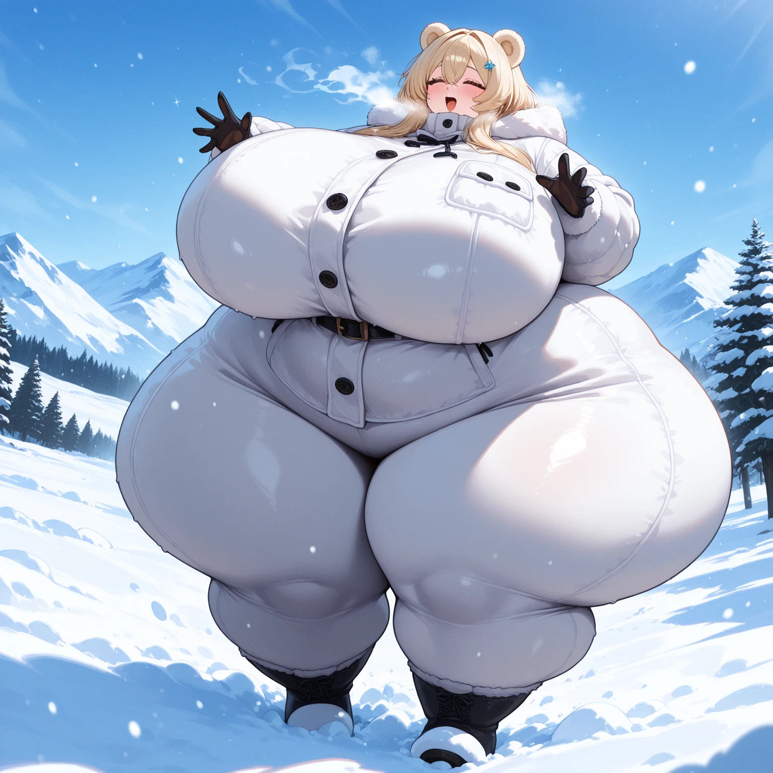 1girl, Fluffy White Haircut, with white Round Glasses,with white scarf, bear costume ,white bear costume, long sleeves, hood up, (huge breasts, huge butt), Living in a cold russian village.