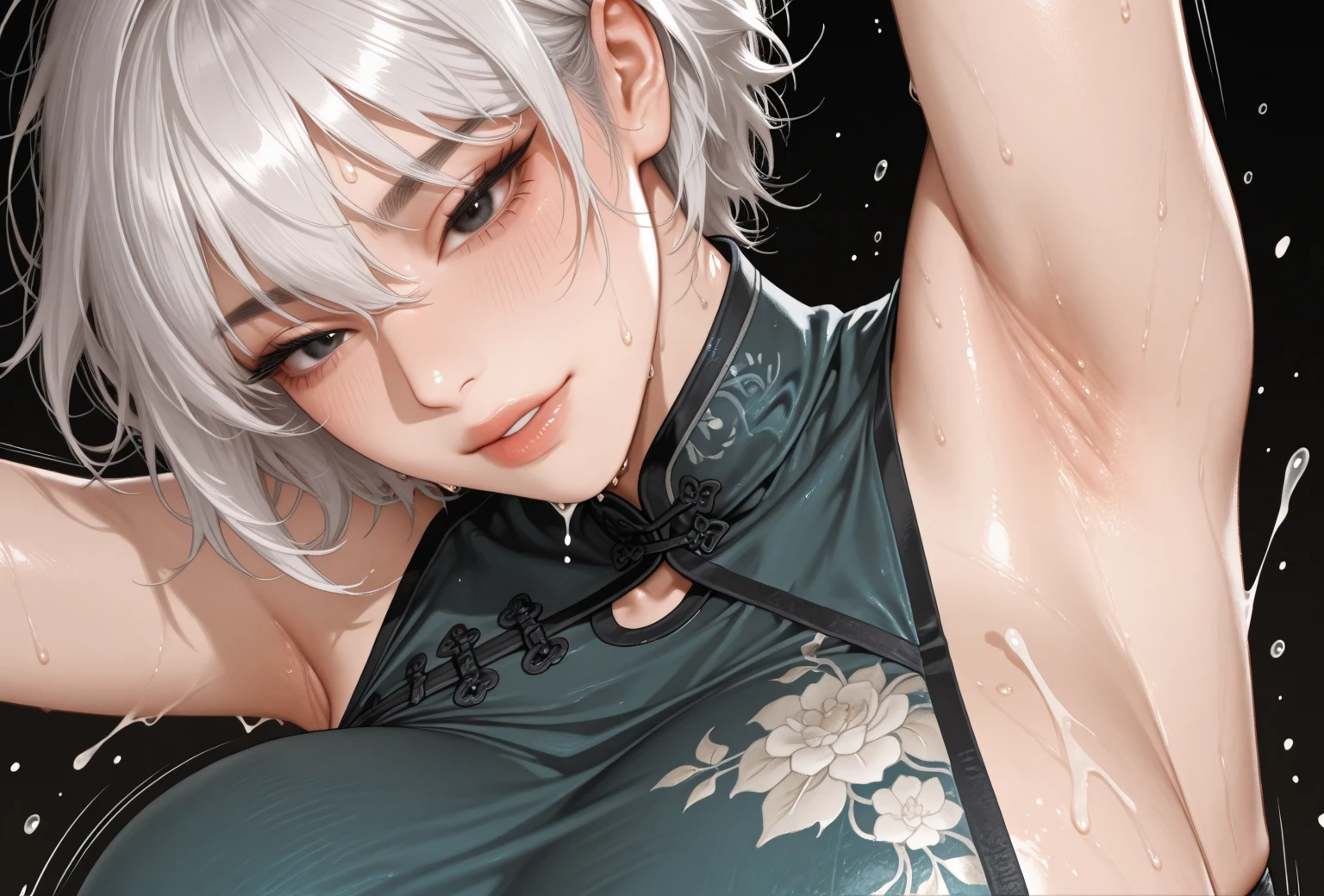 1girl, solo, jewelry, earrings, japanese clothes, kimono, hair ornament, tattoo, collarbone, single hair bun, grey hair, hair stick, hair bun, hair over one eye, bare shoulders, upper body, closed mouth,looking at viewer,huge breasts,shiny,shiny skin,bad-girl,((mature female))