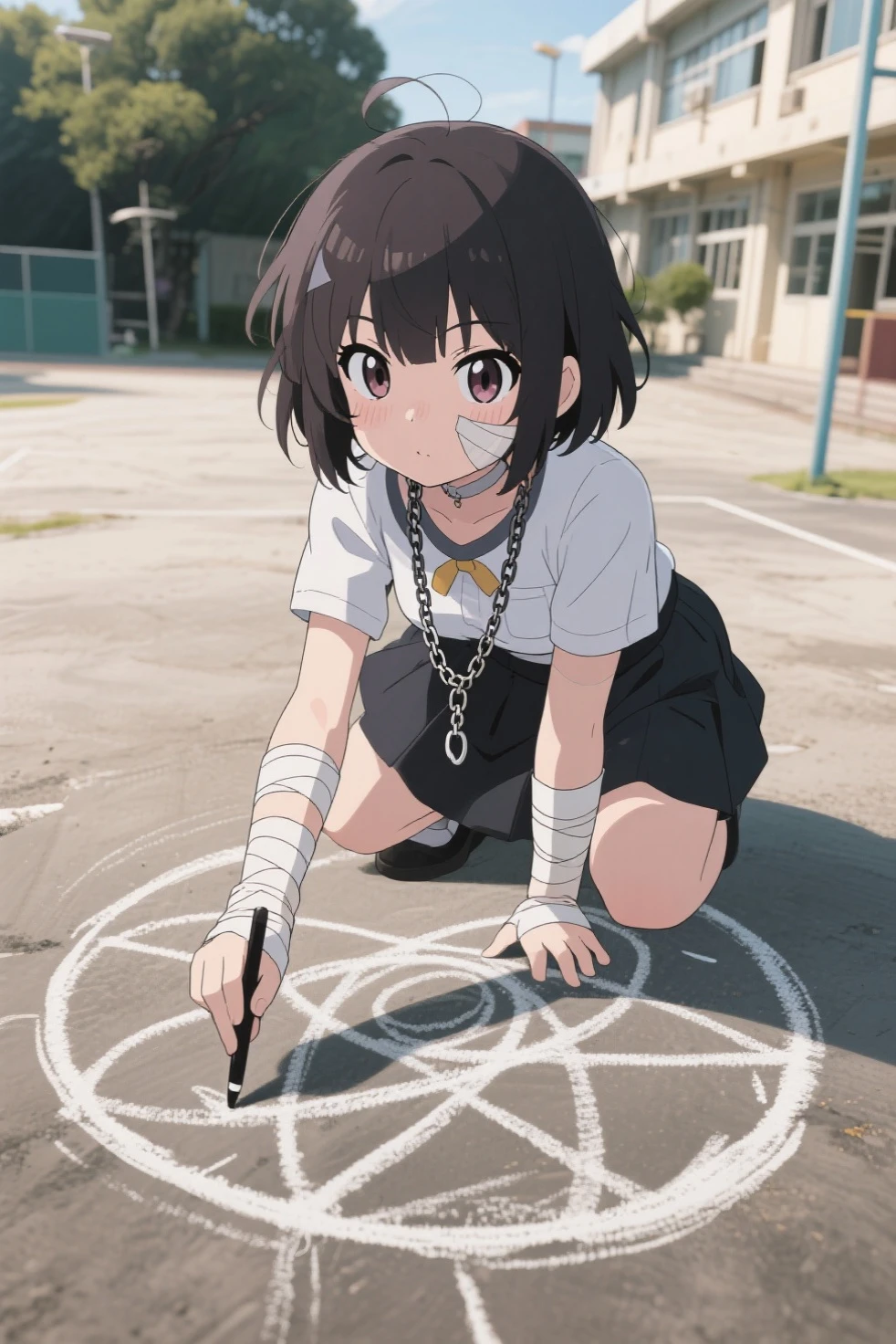 (Perfect body),Best Quality,16 K、NSFW、(((((Lori)))))、((((Short stature))))、blush、(V-shaped eyebrows)、:D、embarrassed from、((((Short hair))))、Ahoge、(Black),((Black hair))、Yellow goggles on the head、yellow lean hair clip、(((School uniform)))、(White knee socks)、(Pink gloves)、Yellow jacket、((light blue night bra、bulging chest))、(((thick thighs)))、spreading legs、Armpits、Electronic space、