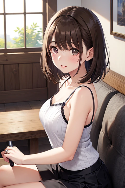 anegasaki nene、Shiny brown hair, short hair, (Beautiful brown eyes、Sparkling eyes, Fine grain)、smile、Ultra-detailed eyes、Highly detailed face, Highly detailed eyes,

masterpiece、High resolution、high quality、young woman、Courtship face、Beautiful Lips、near、Black Tank Top