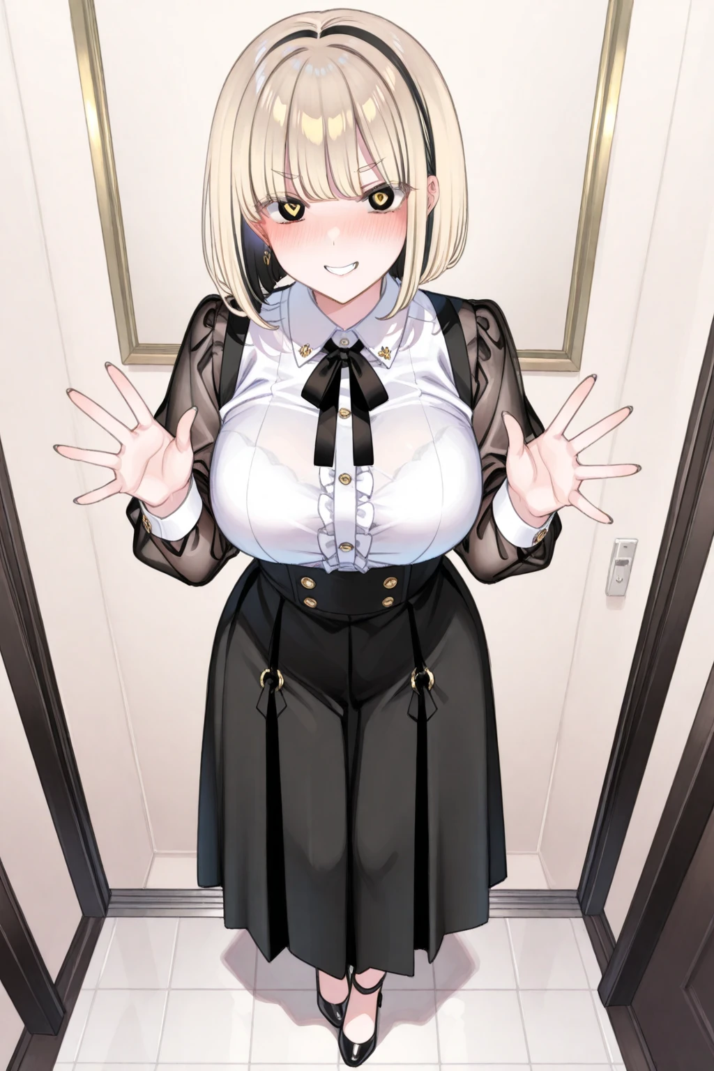 Woman in black suit、black suits、Black Slim Skirt、Blonde Shorthair、Black pantyhose、emerald eyes、red blush、Beautiful fingertips、Toilet room、no panties,no bra,pussy juice,pussy,vagina,orgasm,Place a finger in the vagina、red blush、Ecstatic look、、Blonde shorthair