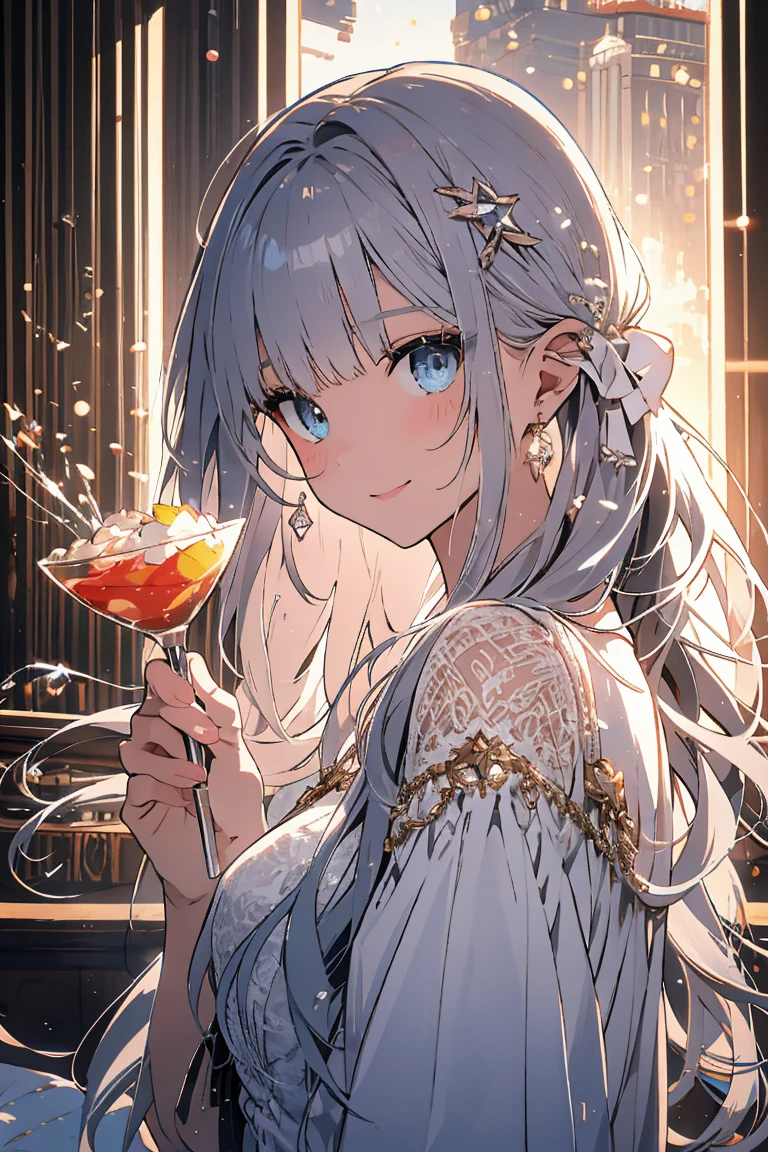 highest quality、masterpiece、anime girl、White hair、smile、(((Sea)))、Upper body、lots of bubbles、Soap bubble、night、Starry sky