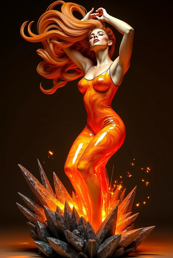 Molten, Lava, <lora:Molten-Fashion-V1:1>, cleavage, 1girl, supermodel, woman, breasts, auburn long hair, masterpiece, best quality, shoes, full body, white background, studio, looking away