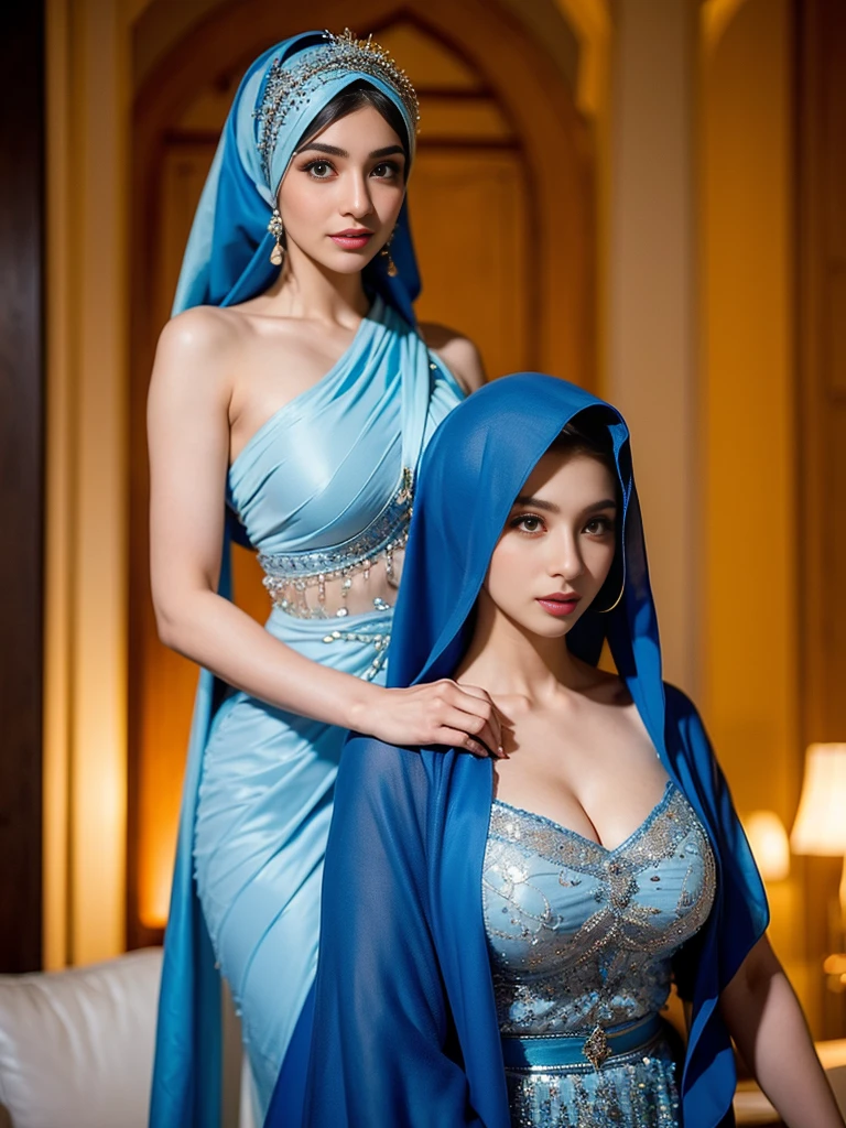 half body, beautiful muslimah girls, wearing traditional transparent silk kebaya, a couple, ultra-detailed, detailed faces, detailed skins, 8k masterpieces, cinematic lighting, perfect round bosom, voluptuous bosom, slim and slender body, long hijab, in malay village, in the bedroom, seductive face, flirting, revealing, intimacy, looking at each other, hands squeezing the bosom