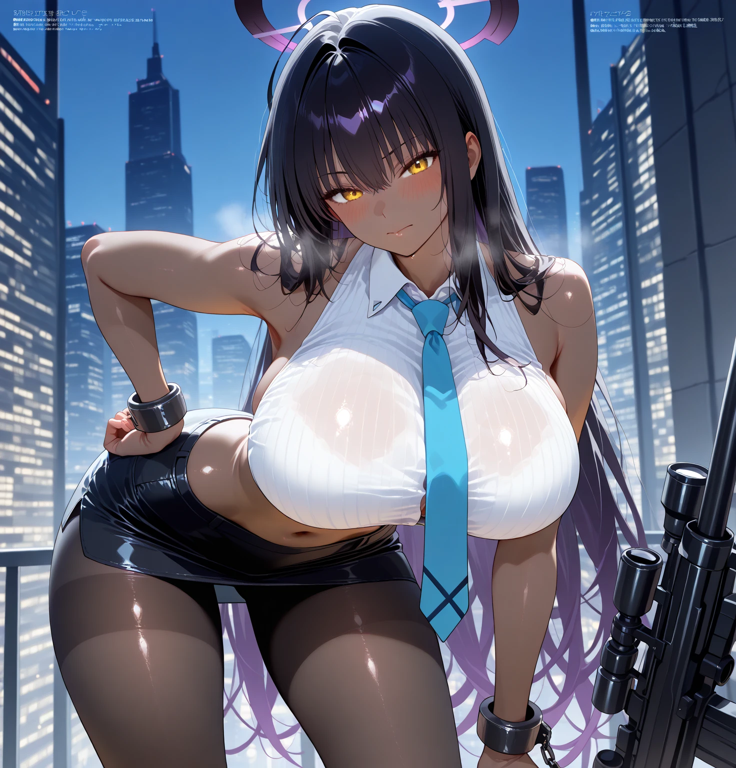 (tuxedo jacket), (light blue leotard), smiling(short height)(young girl), (black bunny ears), (huge round breasts)(big boobs), narrow waist, belly button, narrow hips, (bare hips), (thin legs)(bare legs), (narrow thighs), (white high-heel), (reddish brown ponytail)(white ribbon), nightscape, city lights, (Highly Detailed CG Unity 8K Wallpaper) (Better Quality) (Better lighting)