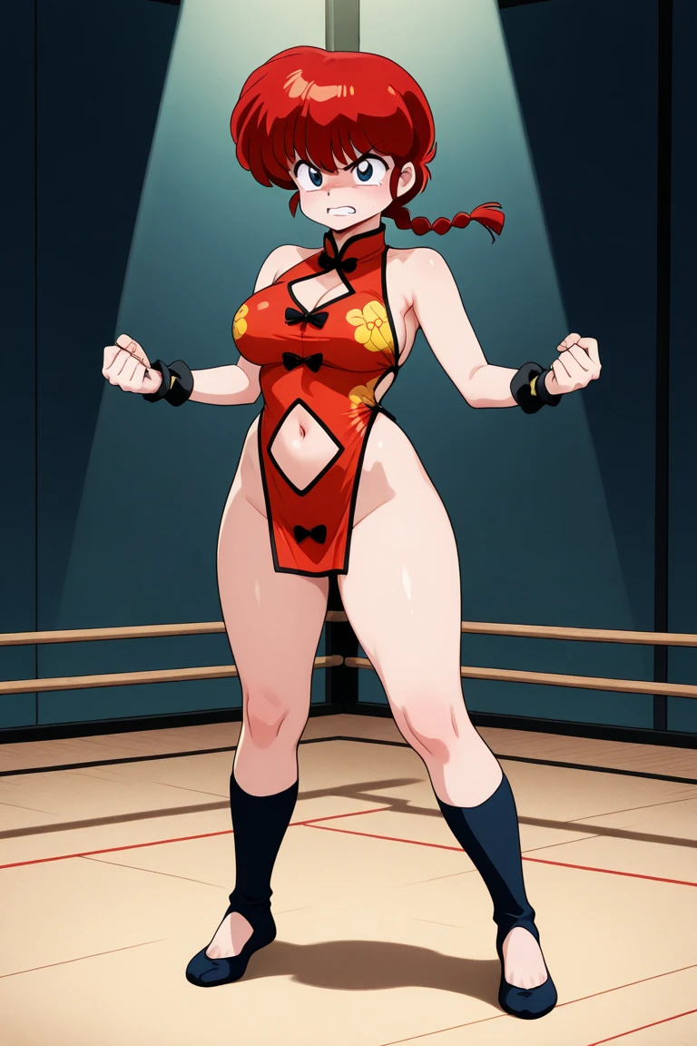 Ranma saotome, cabello rojo, pelirroja, rubor, concentration face, muslos, cintura estrecha, pechos grandes, cadera ancha, ricos pechos, escote prominente, pechos grandes, escote, cuerpo completo, pose vulgar, escote grande, pezones ricos, vulgar, pechos vulgares, escote muy grande, ropa deportiva, boxeando, peleadora sexy
