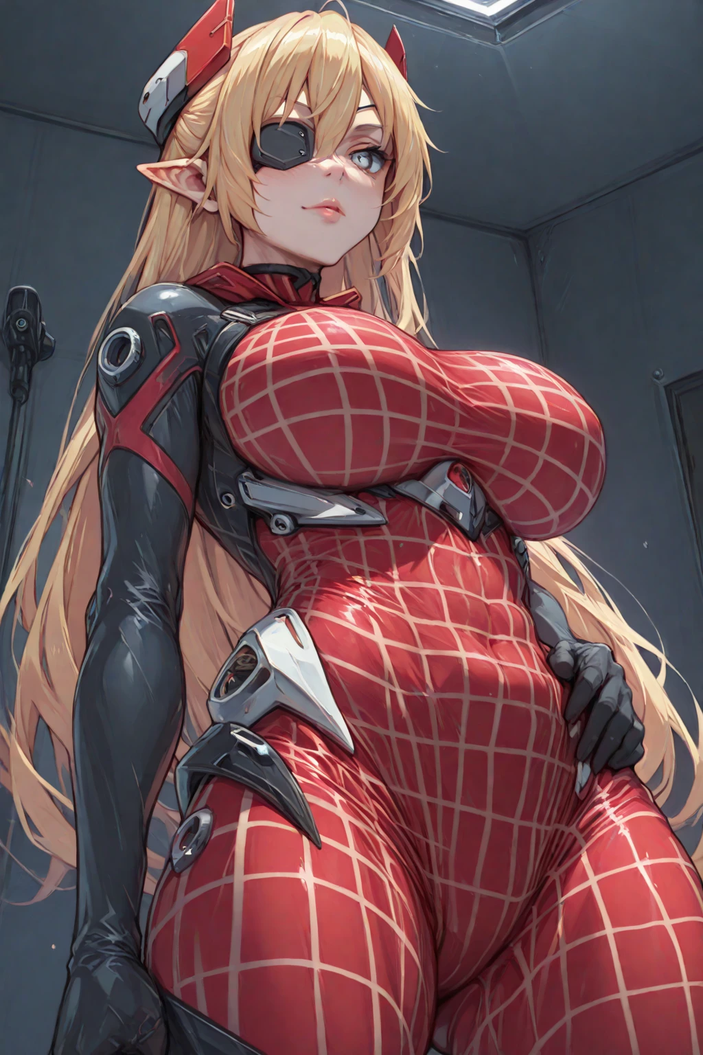 masterpiece,best quality,1girl,solo,medium breasts,wide hips,marcille donato,elf,pointy ears,blonde hair,long hair,twin braids,green eyes,hair ribbon,red ribbon,forehead,plugsuit,interface headset,skin tight,pilot suit,(red trim:1.3),expressionless,(half-closed eyes:0.8),lying,(spacecraft interior,science fiction,scifi,sci-fi),cowboy shot,<lora:Concept-control tool-add_detail-CyberAIchemist:0.8>,<lora:CHAR-Delicious in Dungeon-Marcille Donato-v1-AI_popai:0.7>,