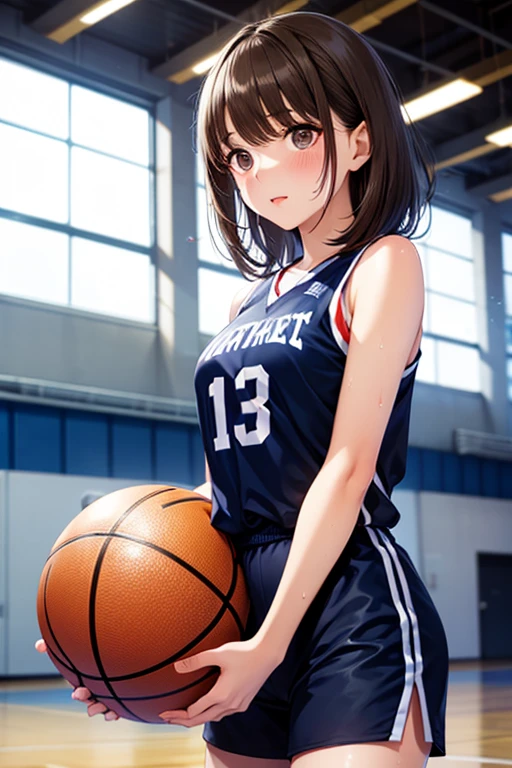 masterpiece、highest quality、High resolution、Very detailed、Medium wide shot、Girl、Short sleeve、Shorts、Tank top、Bib number、basketball、gym、Dribble Shot、Sweat、Spectators、