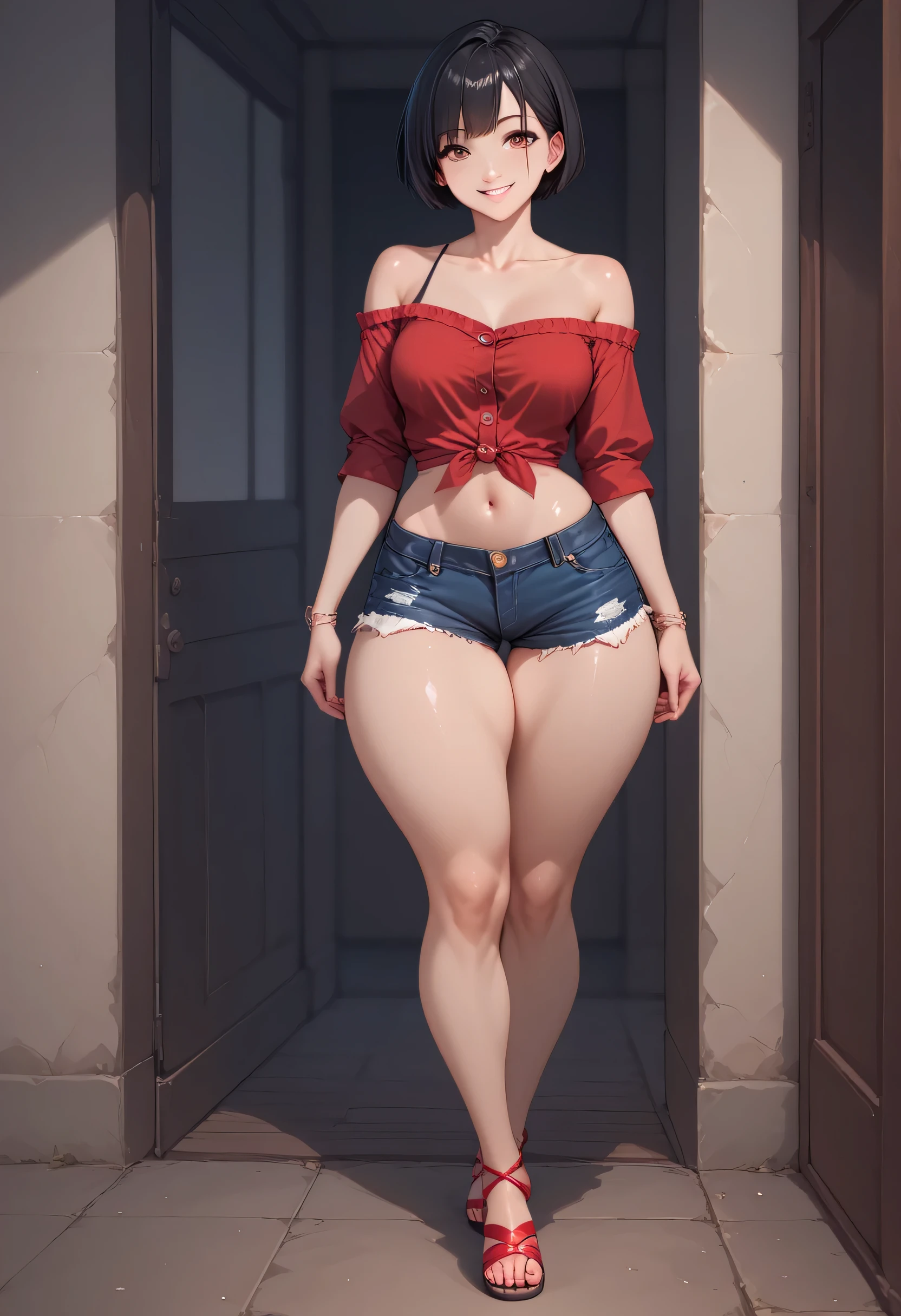 nfsw, masutepiece, Best Quality, High resolution, 1woman, house wife, city street, sunlight, blue sky, Full body, detail face, detail woman, detail hands, detail fingers, detail leg, large breasts, large ass, (pink camisole), very short denim hot pants, brown hair, long hair, erect nipples, clothed, sweat, speak heart, aroused face, walking, slutty, ((wearing Vibrator at pussy and Vibrator's holder at thigh)), look at viewer