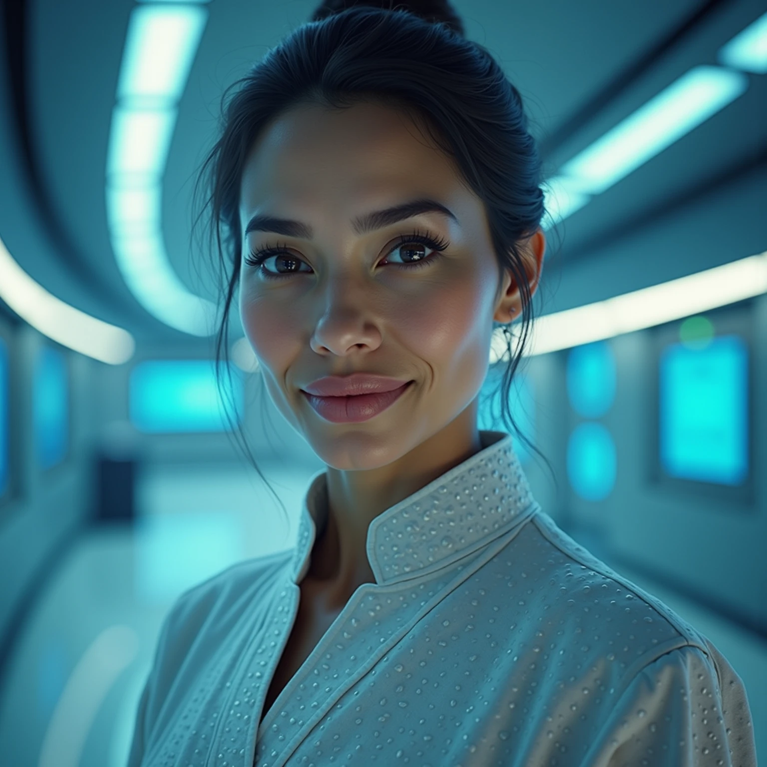 ((extremely detailed)),((close-up portrait)), 35 years old Latin American woman in medical robe, standing in futuristic medical bay, by Tyler Edlin