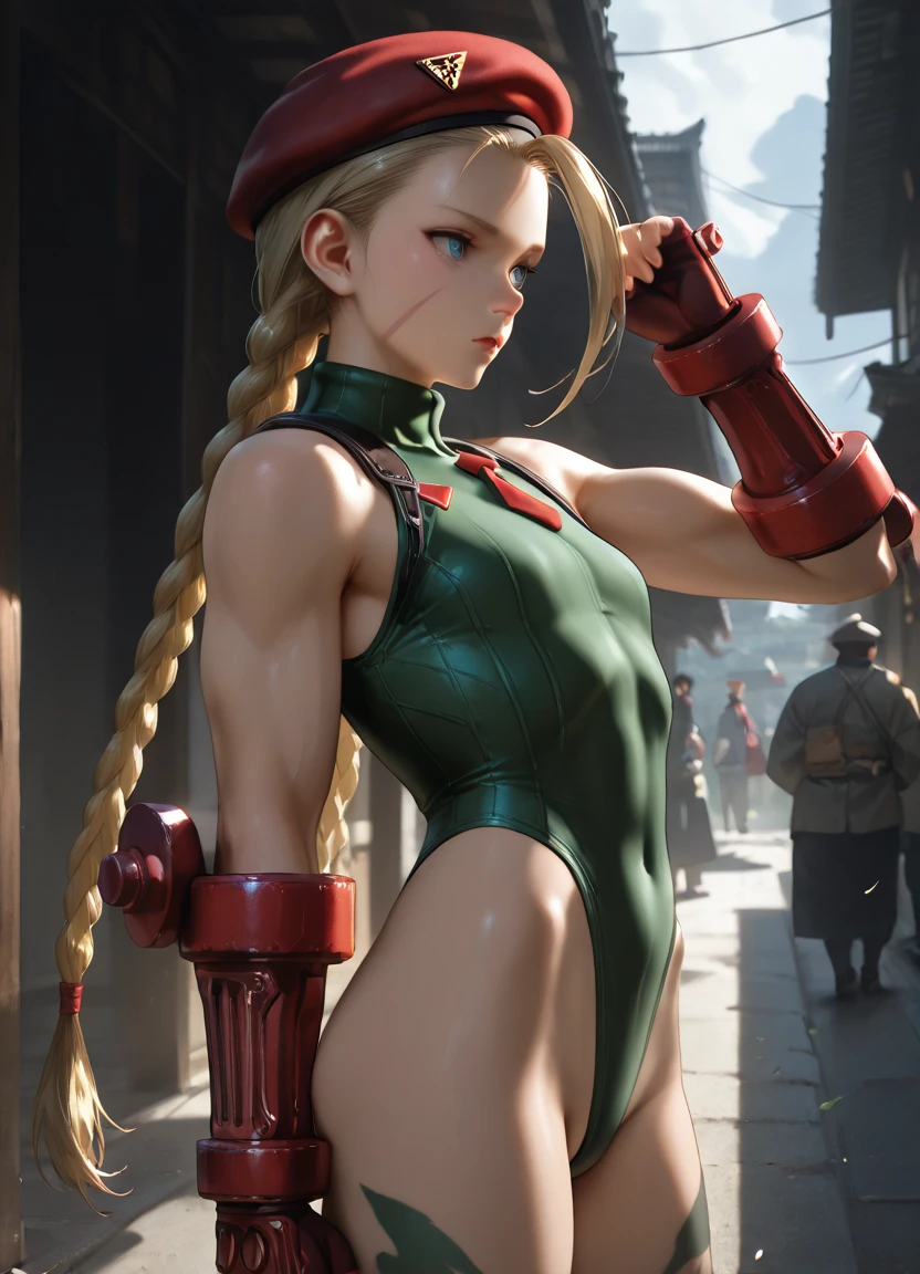 masterpiece, best quality, highres, 1girl, cammy white, twin braids, long hair, blonde hair, antenna hair, beret, (red headwear:1.3), blue eyes, scar on cheek, green leotard, large breasts, sleeveless, red gloves, fingerless gloves, camouflage, cowboy shot, standing, outdoors, arms at sides, straight-on,
