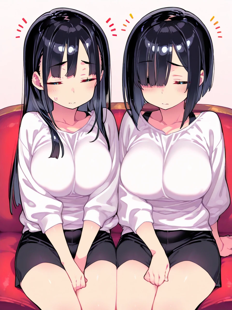 2heads, a short chubby woman with 2 heads. She has gigantic breasts. She is in a kitchen. She is wearing an apron. She has enormous breasts. She is smiling wide. She has long hair. She has a motherly appearance. Her breasts are massive. She has extremely swollen breasts. She is lactating.