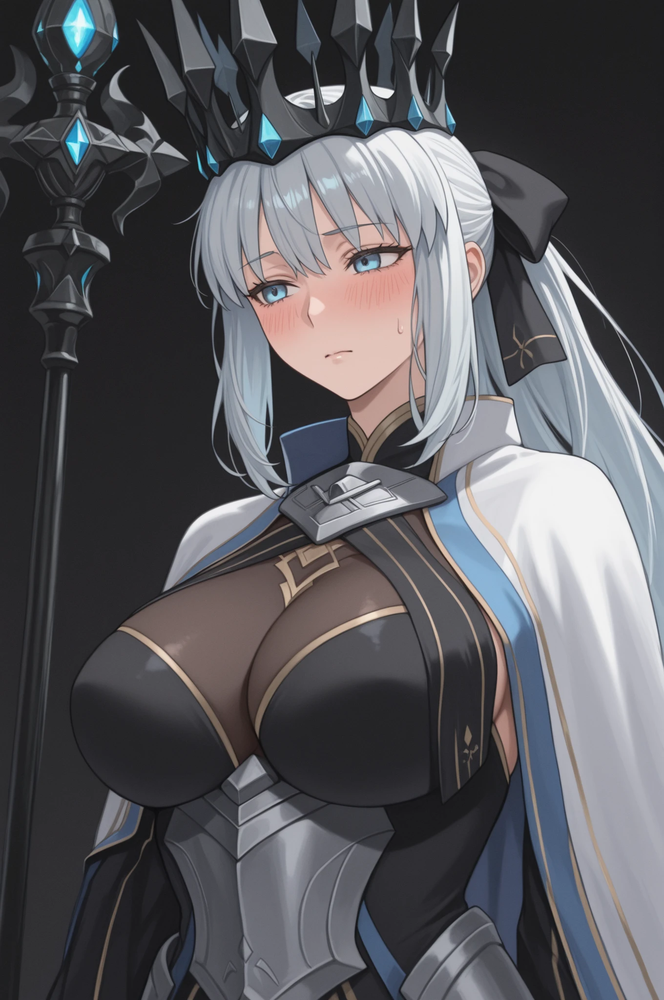 (top quality, masterpiece, background white) gray hair, Chinese style costume, Genshin, black eyes, sheep horn, older sister, bangs tail, expressionless, apothecary, dark blue clothes, one-handed sword, huge, cleavage, tights, long bangs