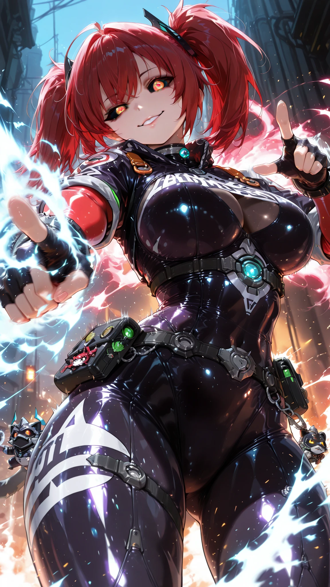 8k_wallpaper, extremely detailed eyes, extremely detailed body, (large masterpiece digital art), (detailed manga illustration), (detailed line art), ((perfect anatomy)), (intricate details:1.3), (ultra-detailed:1.3), (illustration:1.3), (sharp focus:1.3), (natural lighting:1.05), (vivid colors:1.3), (masterpiece), (best quality:1.4), (perfect anatomy:1.4), high quality, expressive eyes, full body, detailed face, beautiful face, perfect face, 1 girl, breasts, cleavage, gloves, huge breasts, cyberpunk clothes, jacket, black jacket, very long hair, thigh length hair, ({dark skin}), dark-skinned female ,detailed ((red hair)), messy hair, green eyes, hourglass physique, bodysuit, ultramarine bodysuit, sleeveless, shorts, thick thighs, toned, captain marvel emblem, emblem, superhero, dynamic lighting. dynamic heroic pose, smiling, outer space background, curvy, 