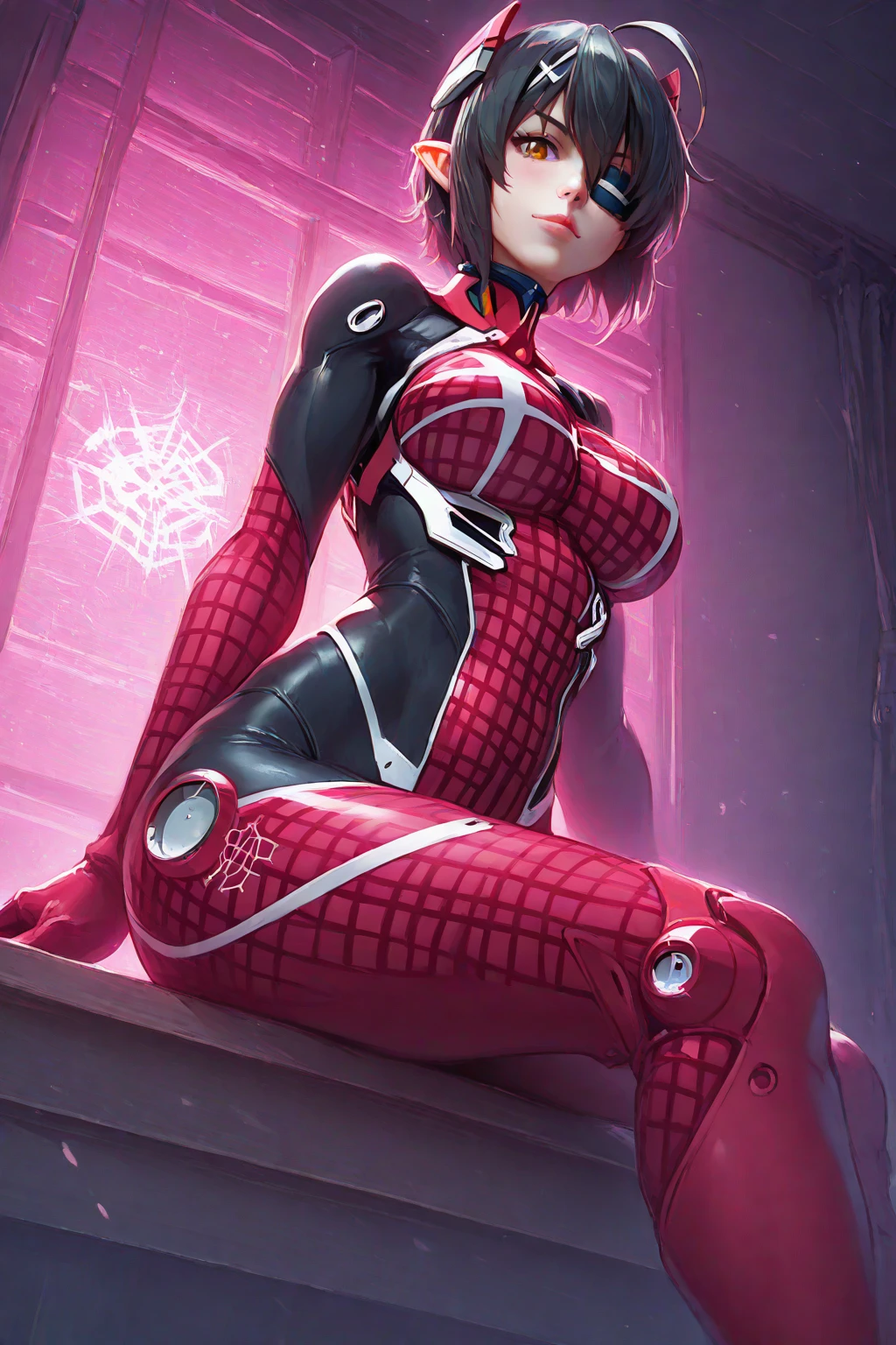 Rain Mikamura,yellow headband,perfect hands, perfect finger,perfect anatomy, masterpiece, best quality,realistic, hyperrealistic, 16k hdr,1girl, large breasts,erected nipples,brown hair, medium hair,green eyes,mobile trace suit, shoulder armor with antenna,(pink and black latex bodysuit,skin tight:1.1), cockpit,from below,red blush,spread legs,cameltoe,(One Leg Standing Splits:1.3)