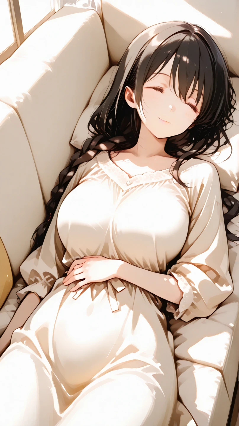 A photo of a young woman lying on a bed. She is wearing a yellow jacket, a pink lace bra, and denim jeans. The woman has long dark hair and a beautiful face with a gentle expression. She looks like she is in her early twenties and has a fit and healthy body. The photo is taken from a slightly elevated angle and the background is blurry.