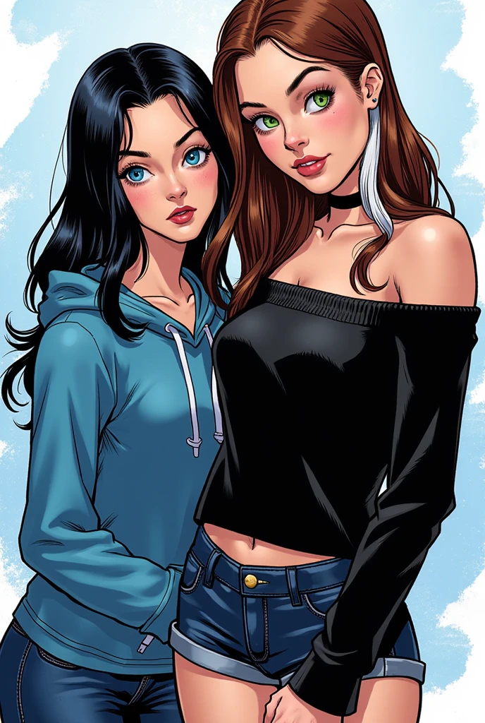 photorealistic, 8k, 2 girls, both have white wavy hair, korean, heterochromia eyes, thick eyebrows, freckles, hoodie, white shorts, large breasts, small waist, large thighs, on bed