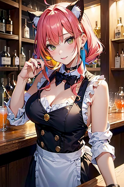 (best quality:1.1), (masterpiece:1.4), 1girl, solo, (medium breasts:1.1), smile, blush, (off-the-shoulder:1.2), (Strapless:1.4), black-yellow-pink jacket, baseball cap, holding microphone, on stage,