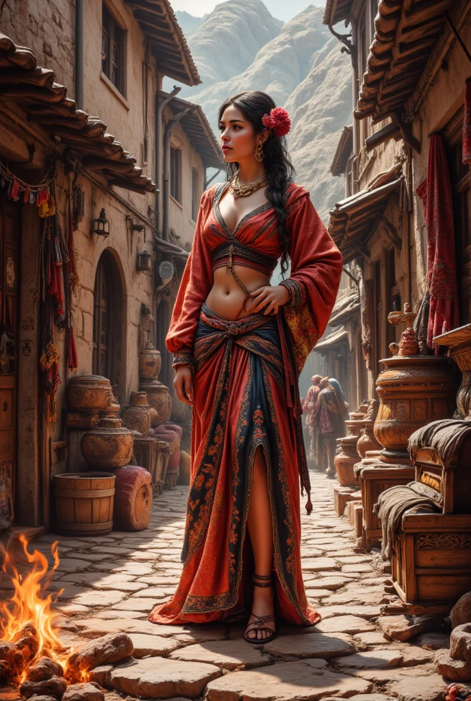 A stunning female character with an Eastern-inspired aesthetic, adorned in a gold necklace with intricate red beads and ornate jewelry, standing in front of a vibrant, glowing background that radiates warmth and beauty.
