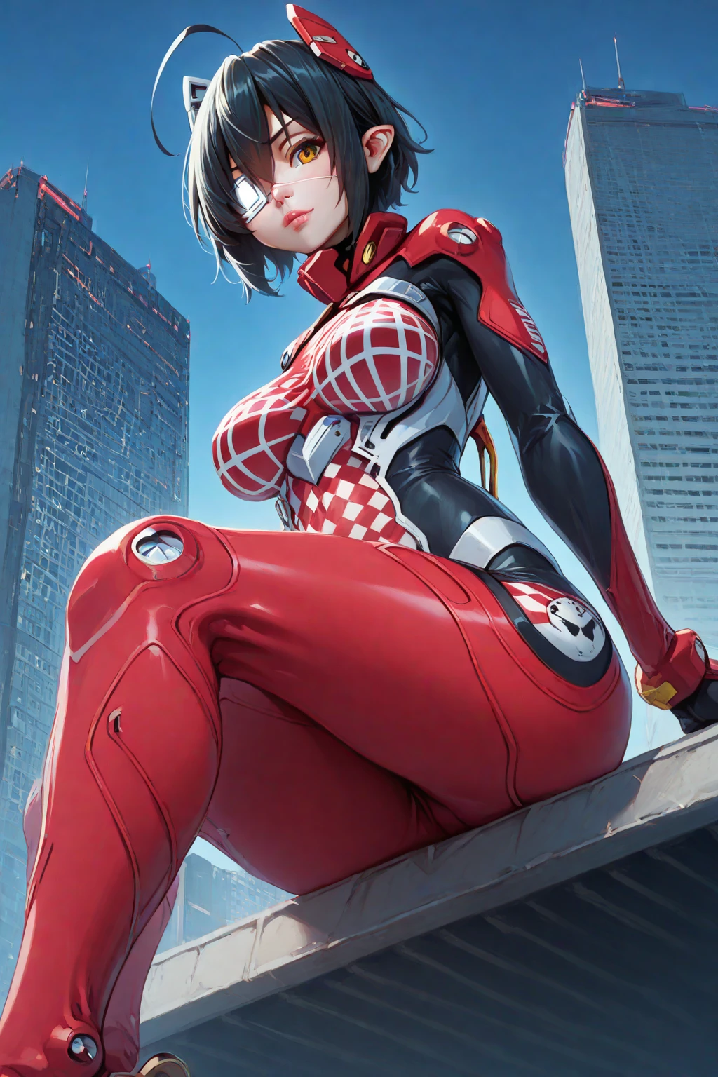 4K, A high resolution, Best quality at best, masterpiece, perfect colors, perfect shadow, perfect litthing, ((sportrait)), 1woman, fit body, heterochromia eyes,dark blue hair , blue eyes, With round lenses, The audience watched carefully, (s face: 1.2), Perfect female figure, ((dynamic pose)), ((read and whitek Tight crop top red and white leather suit)), ((shy and looking at viewert)), (Perfect thick white eyebrows) Delicate fur, 详细s face, s the perfect face, , (dynamic pose), big breast, open half breast, abstract cyberpunk background