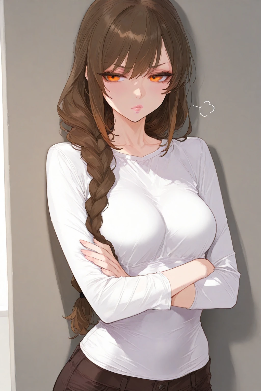 Superior quality, Masterpiece, ultra high resolution, of a 1 girl with short brown hair with long bangs that reach to her nose, her eyes are covered by her bangs, her skin is white and she wears a very tight long sweater