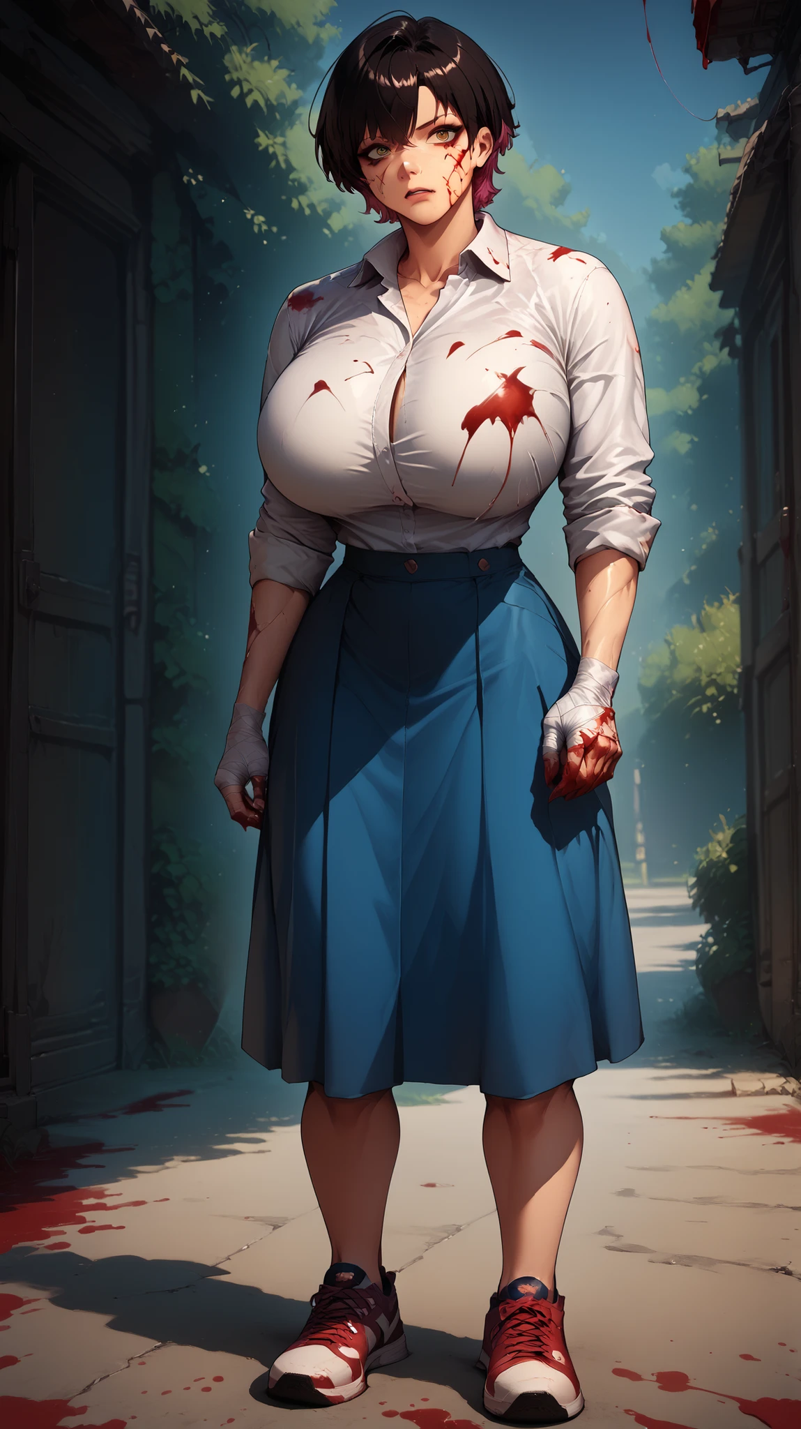score_9, score_8_up, score_7_up, masterpiece, high quality, BREAK
eyoungna, short hair, huge breasts, colored inner hair, bangs, collared shirt, skirt, sleeves rolled up, blood, blood on face, blood on clothes, bandaged hand, full body, sneakers shoes,