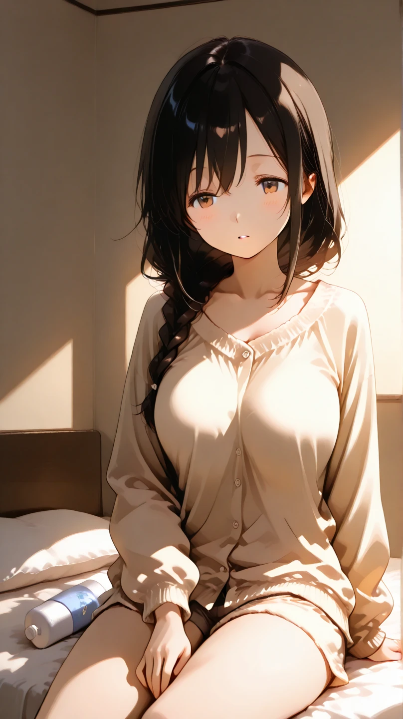 (mastepiece:1.2), beautiful woman, sitting on bed, wearing loose off-shoulder top, pajama pants, long curly hair, indoors, soft lighting, plants in background, window with sunlight, cozy room, relaxed pose, intricate details, warm colors, Japanese high school girl