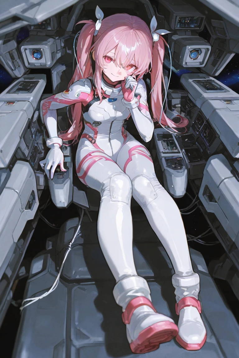 ((Masterpiece)), ((Highest image quality)), (Highest image quality)), (((Illustration of one adult)), Full body, (((25 years old)), (Face is female, Body is male)), (Pink hair twintails)), Light gray eyes, (((Tall)), ((Flat)), (Small breasts), (Muscular strong man's body)), (Muscular strong man's body)), (Muscular chest plate)), Abs, (( Muscular and thick arms)), (((muscular and thick legs)), ((manspreading)), open legs, ((white pilot suit)), ((in the cockpit)), (space on the monitor, Earth seen from space, spaceport)